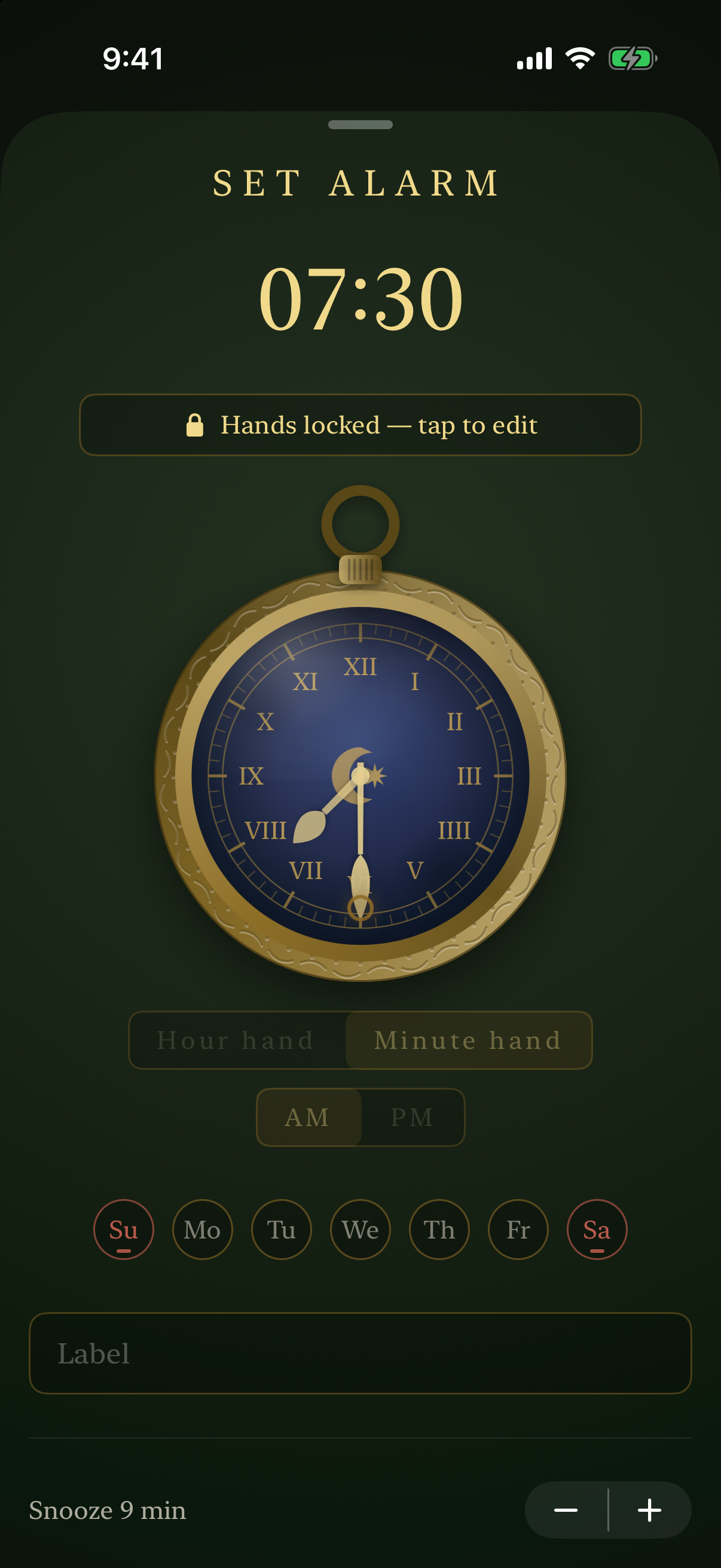 Alarm setup with weekday controls