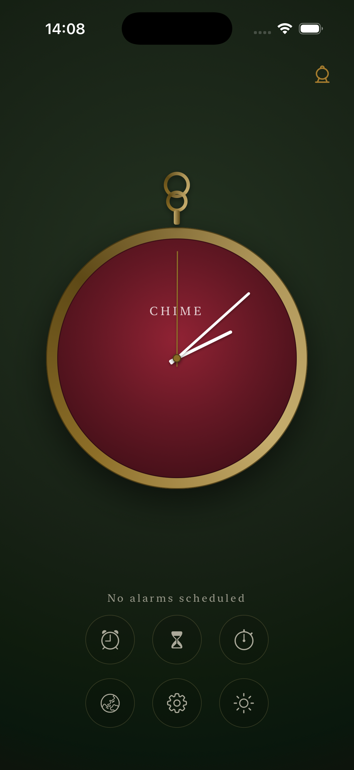 Pocket Alarm home screen in the Gold theme