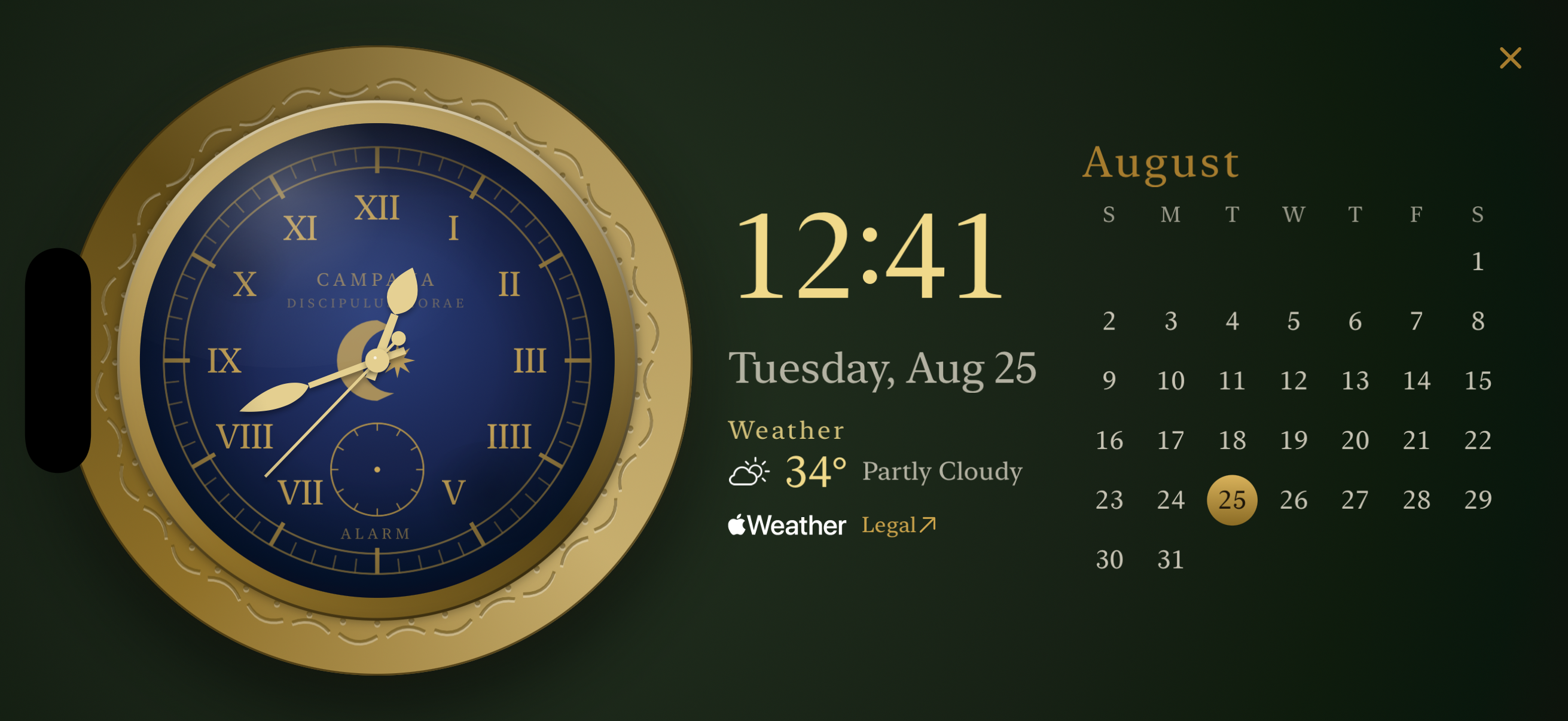 Landscape Side Mode showing the time, weather, and calendar